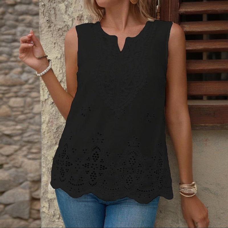 Women's Embroidered Eyelet Tops Notched Neck Sleeveless Lace Trim Blouses Shirts