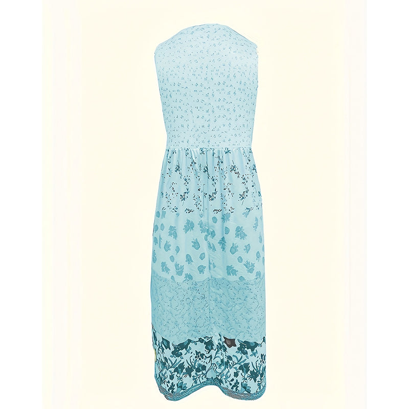 Women's Bohemian Floral Sleeveless Midi Dress Round Neck A-Line Summer Dress For Casual Or Dressy Occasions
