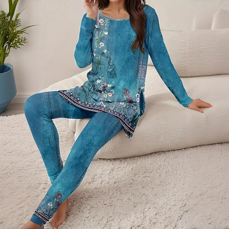 Women's Round Neck Printed Slit Long Sleeve Top & Long Pants Set - Casual Loungewear Outfit