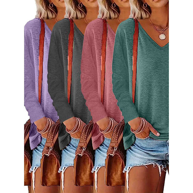 4 Pack Long Sleeve Tops For Women V Neck Dressy Basics Tees Casual Trendy Loose Fit T Shirts