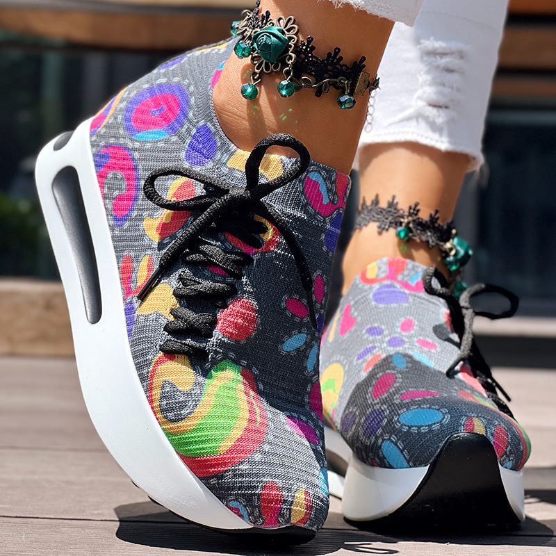 Women's Random Print Side Lace-Up Elastic Sport Shoes, Comfortable Slip-On Sneakers For Women, Casual Daily Wear Footwear