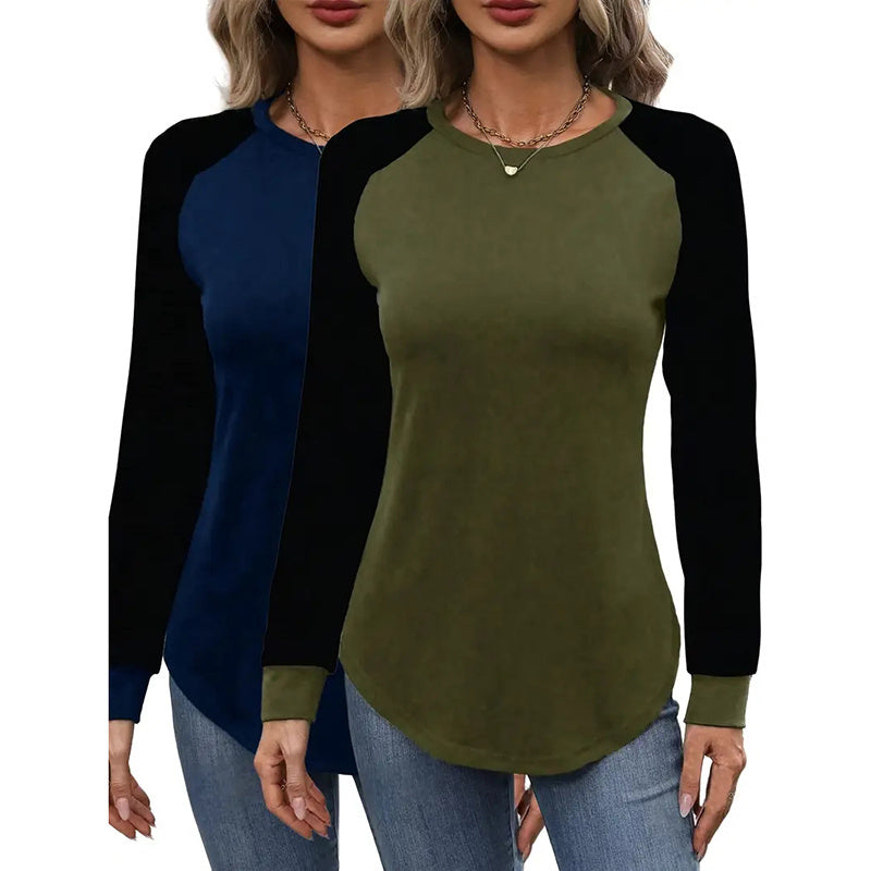 2 Pack Women's Long Sleeve Shirts, Casual Loose Fit Tunic Tops Crew Neck Trendy Tee Solid Color Pullover Shirts