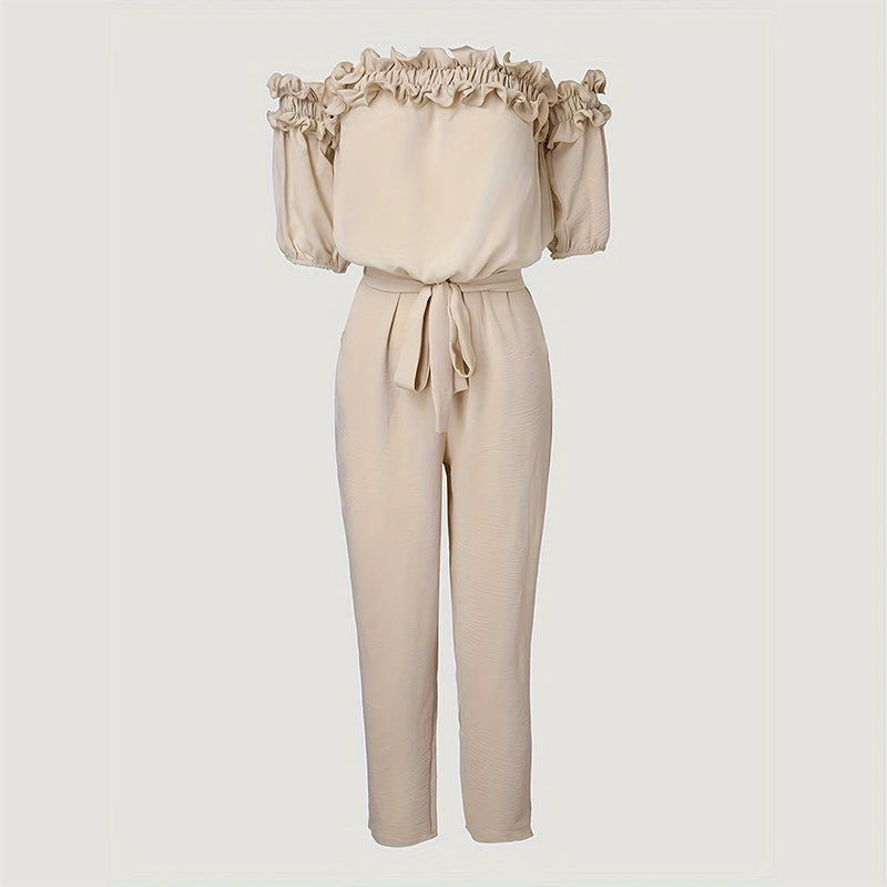 Women's Solid Color Elegant Off-Shoulder Jumpsuit With Ruffle Sleeves & Tie-Waist Summer Casual Romper