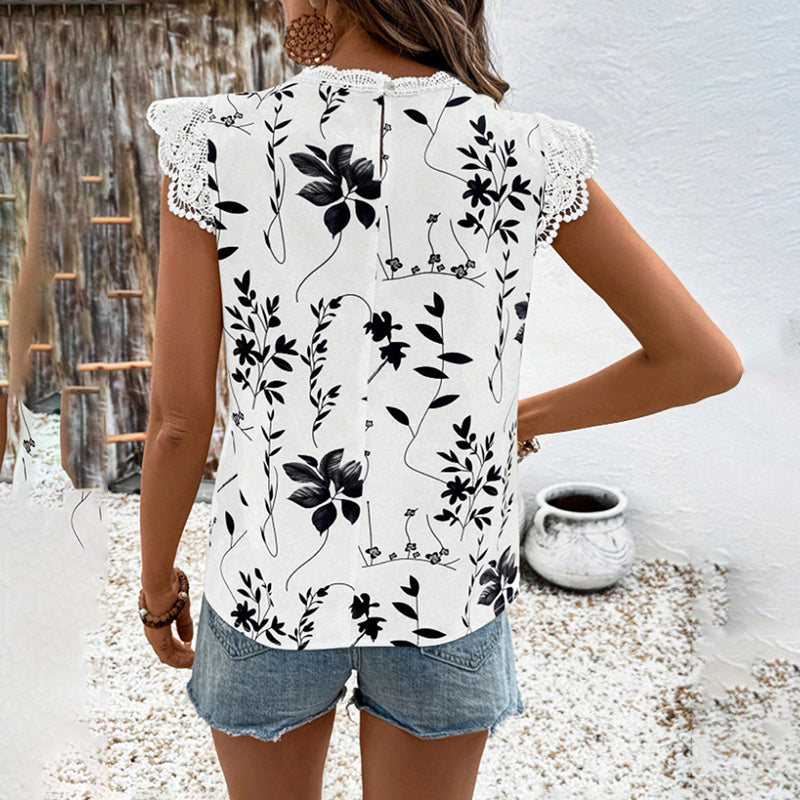 Women's Summer Geometric Leaf Print Tops Lace Cap Sleeve Crew Neck Shirts Blouse