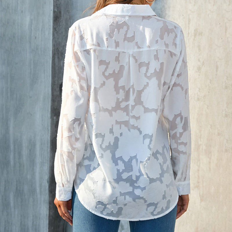 Womens Casual Sheer Button Down Shirts Long Sleeve V Neck Jacquard Blouses Tops