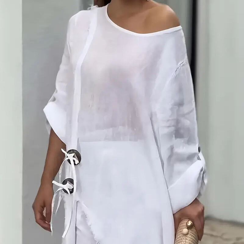 Women's Solid Color Wood Button Asymmetrical Set - Off-Shoulder Relaxed Loungewear Outfits For Spring&Summer