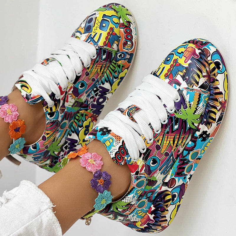 Women's Casual Round Toe Thick Sole Lace-Up Sneakers, Random Print Design, Comfortable Sporty Shoes For Daily Wear