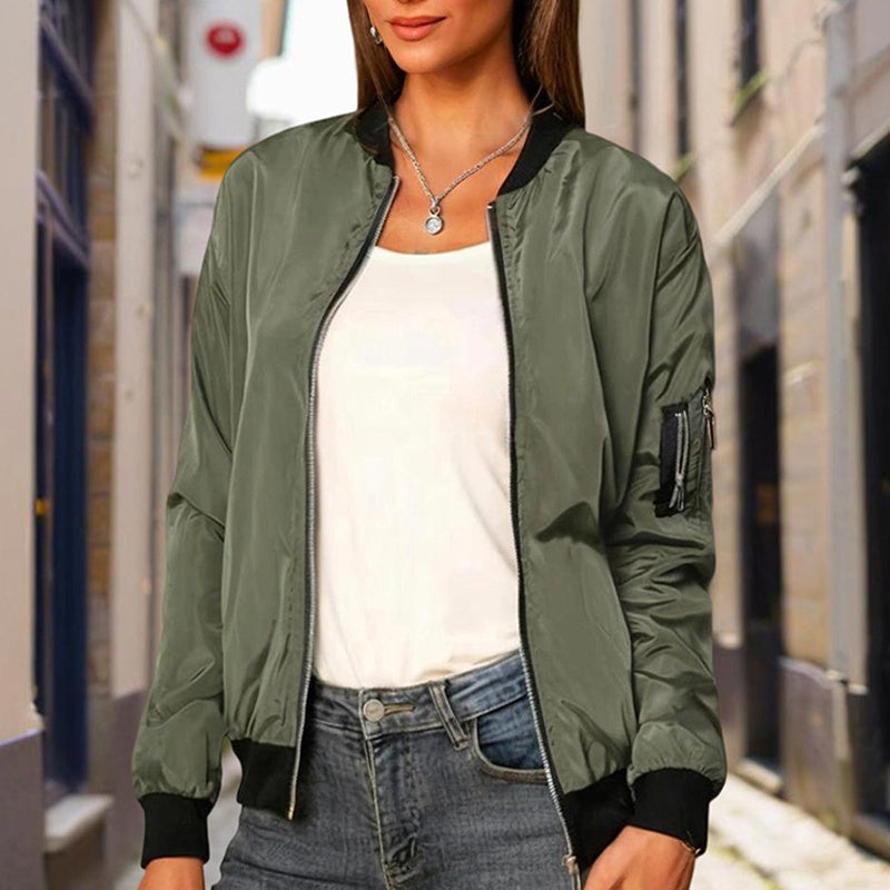 Women's Zippered Long-Sleeve Stand Collar Jacket Color-Blocked Spring & Fall Fashion Minimalist Top