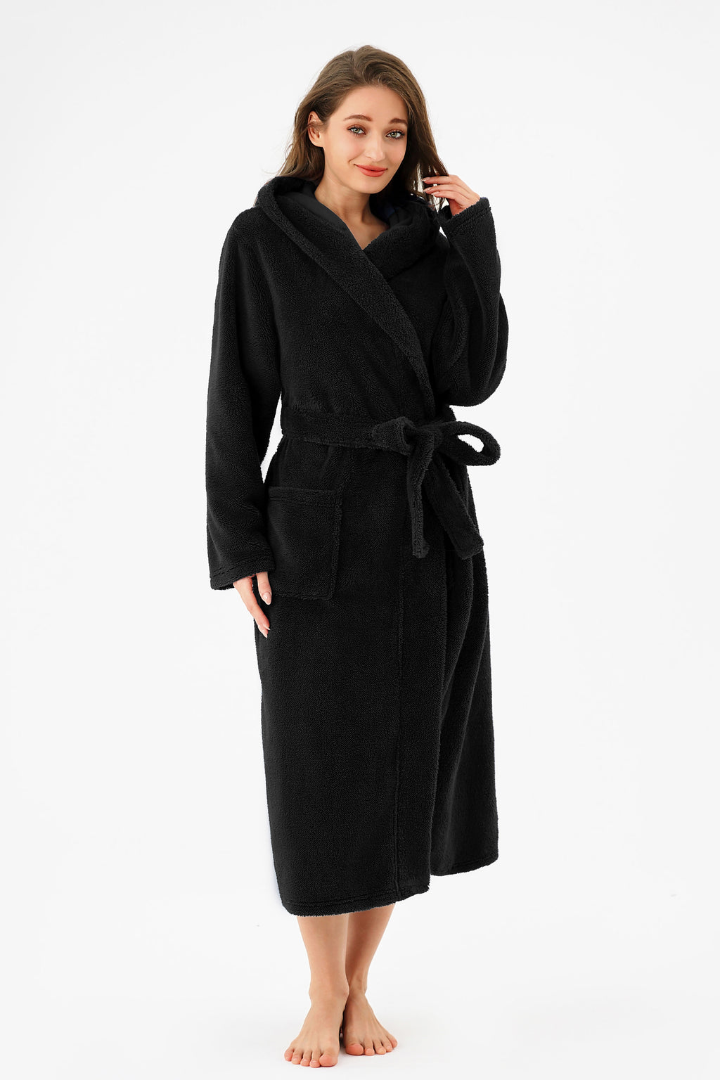 RONGTAI Womens Hooded Robe Long Plush Fleece Bathrobe With Pockets Nightwear S-XXL