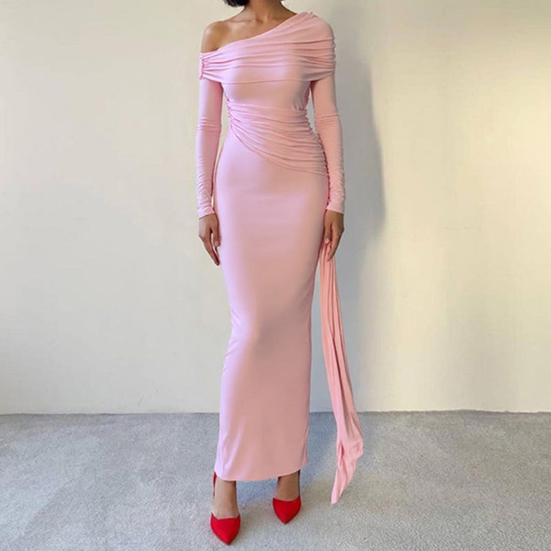 Women's Elegant One-Shoulder Ruffle Dress, Long Sleeve Bodycon Gown With Flowing Ribbon For Spring And Fall