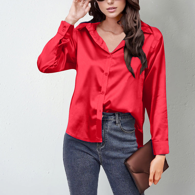 Women's Elegant Satin Lapel Shirt, Long Sleeve Button-Down Blouse For Casual And Office Wear