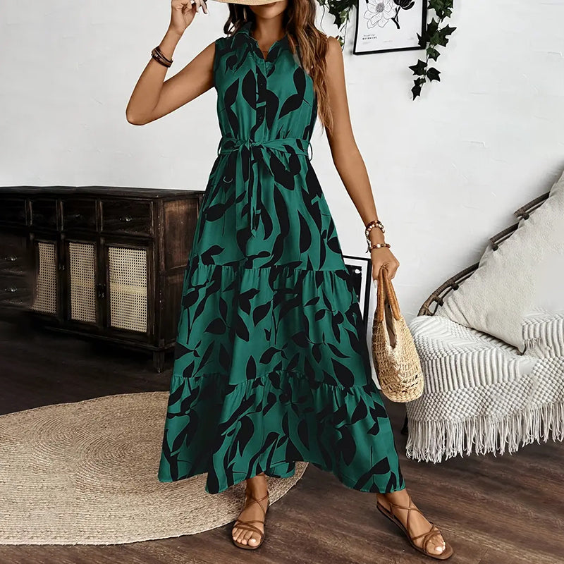 Women Sleeveless Boho Floral Maxi Dress Summer Button Shirt V Neck Flowy Belted Beach Vacation Dresses