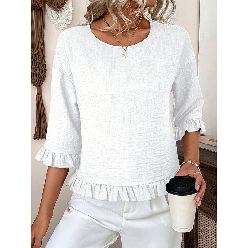 Womens 3 4 Length Sleeve Tops Loose Fit Casual Crew Neck Shirts Ruffle Tunic Blouses