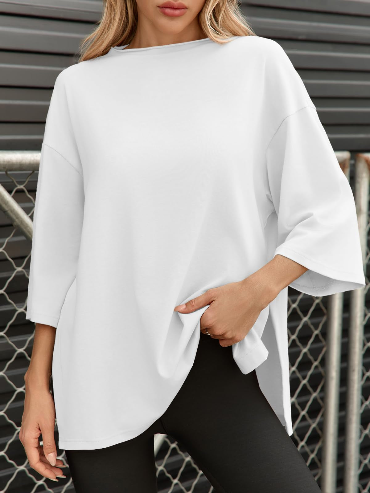 Fisoew Womens Oversized T Shirts Casual Sleeve Side Slit Workout Gym Loose Fit Summer Tee Tunic Tops