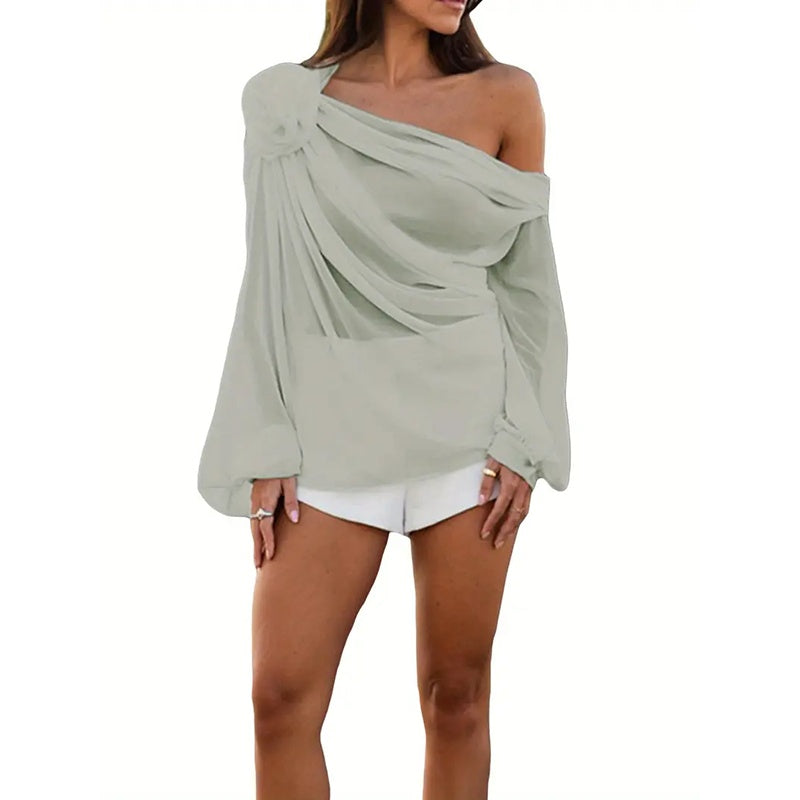 Women's Off Shoulder Tops Elegant Long Sleeve Asymmetrical Neck Ruched Chiffon Blouse Shirts Going Out Top Y2k Shirts