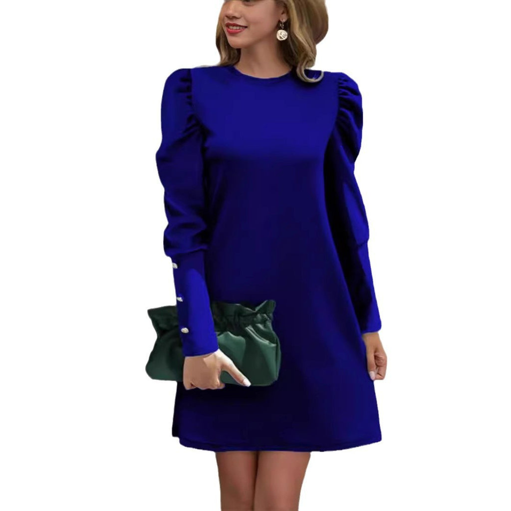 Autumn And Winter New Round Neck Bubble Sleeve Button Long Sleeve Dress