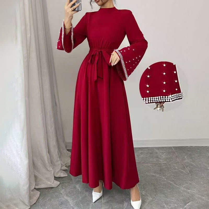 Women's Elegant Long Sleeve Maxi Dress - Sparkling Embellished High Neck Formal Gown With Waist Belt, Flowy Evening Dress For Vacation & Special Occasions