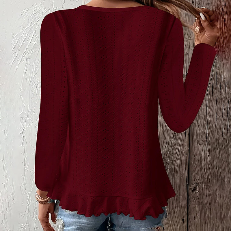 Women Eyelet Long Sleeve Tops Shirts Dressy Casual Crew Neck Ruffle Hem Blouses