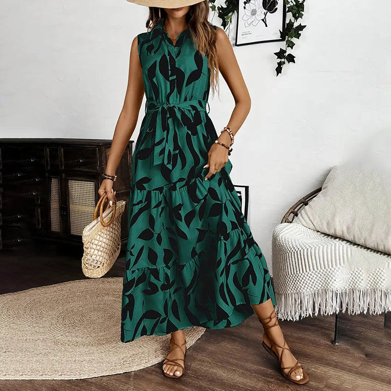 Women Sleeveless Boho Floral Maxi Dress Summer Button Shirt V Neck Flowy Belted Beach Vacation Dresses