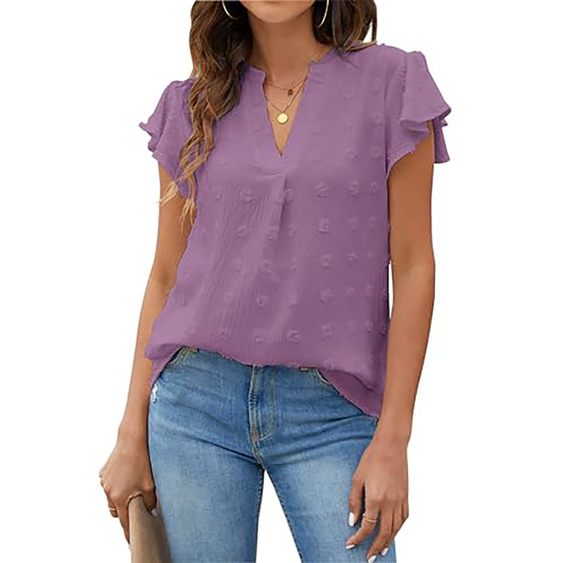 Women's Summer V Neck Ruffle Short Sleeve Blouse Business Office Casual Top Shirts