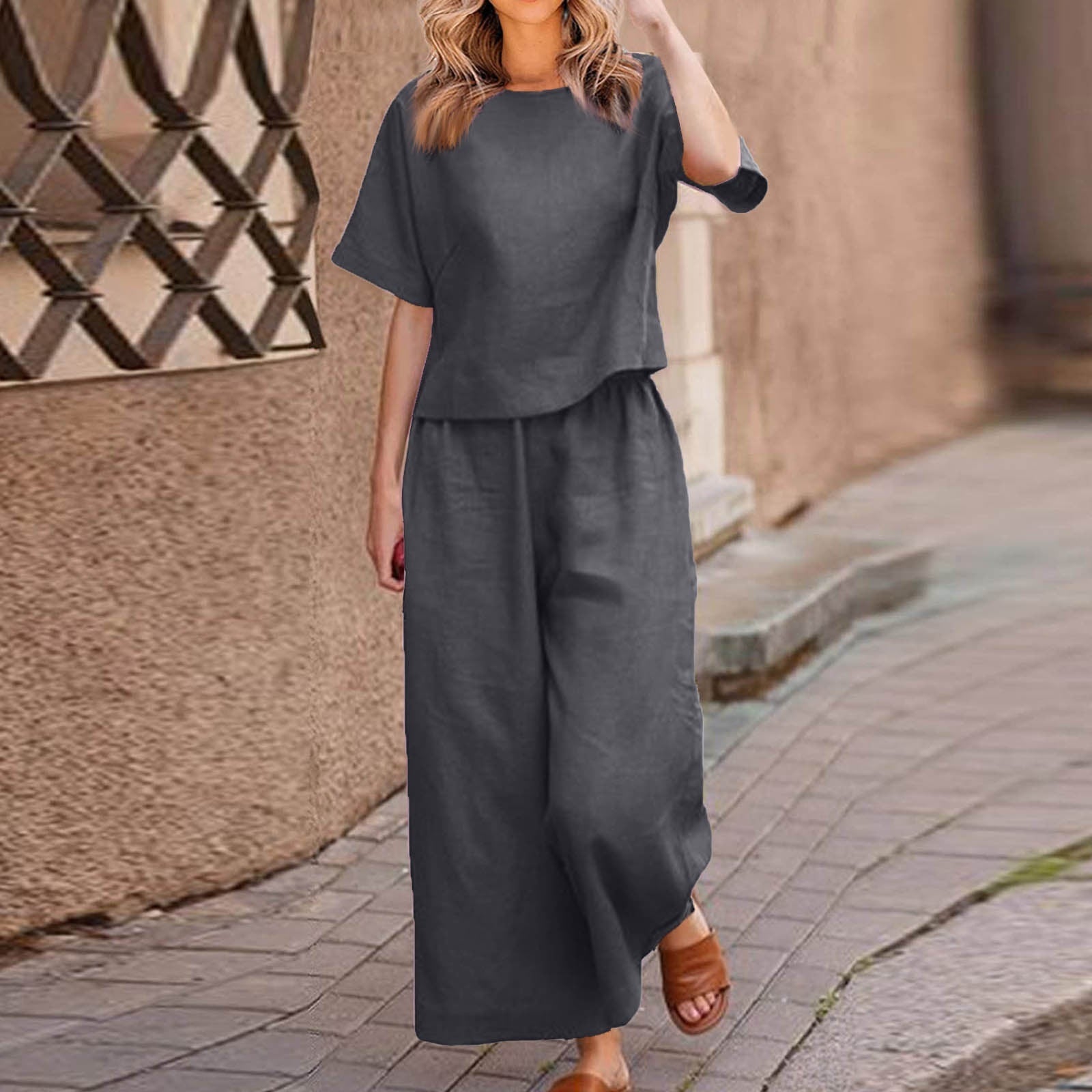 European And American Women's Linen Casual Loose Solid Color Suit Two-piece Women