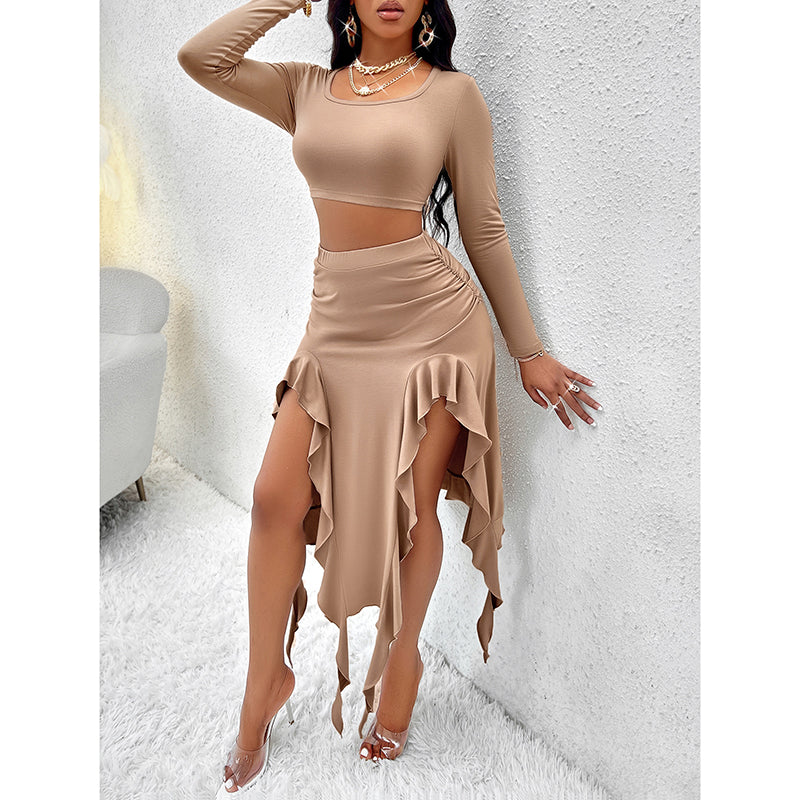 Women Summer 2 Piece Skirt Sets Long Sleeve Square Neck Crop Top Ruffle Trim Irregular Split Sexy Club Party Skirt Outfits