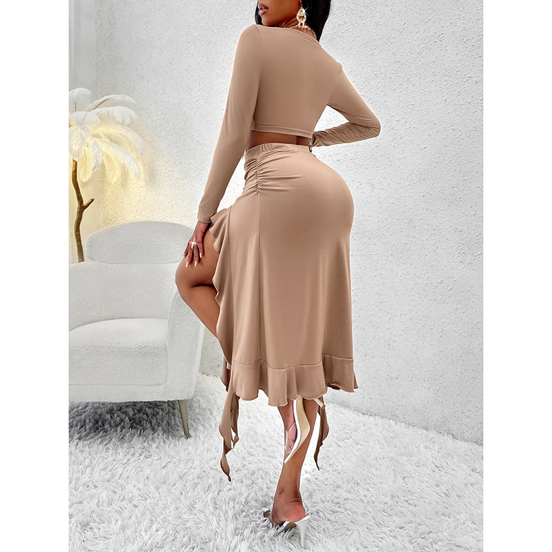 Women Summer 2 Piece Skirt Sets Long Sleeve Square Neck Crop Top Ruffle Trim Irregular Split Sexy Club Party Skirt Outfits