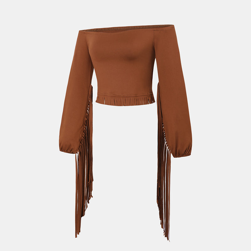Women's Western Cowgirl  Fringe Trim Tops Sexy Off Shoulder Long Sleeve T Shirts Tassel Top