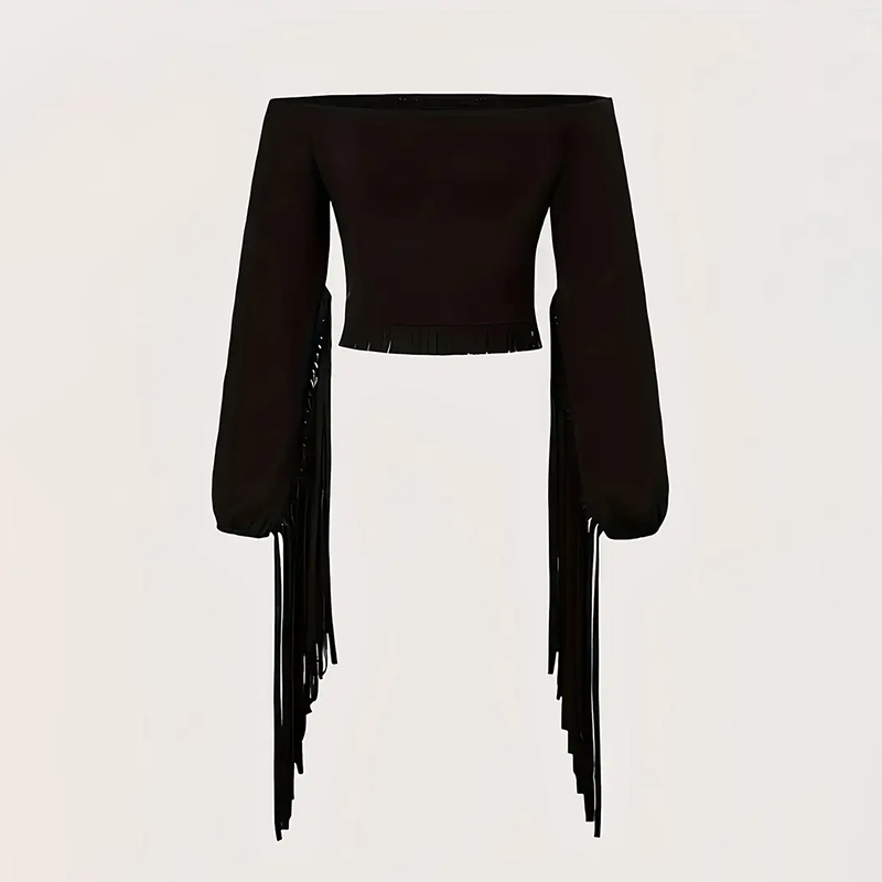 Women's Western Cowgirl  Fringe Trim Tops Sexy Off Shoulder Long Sleeve T Shirts Tassel Top