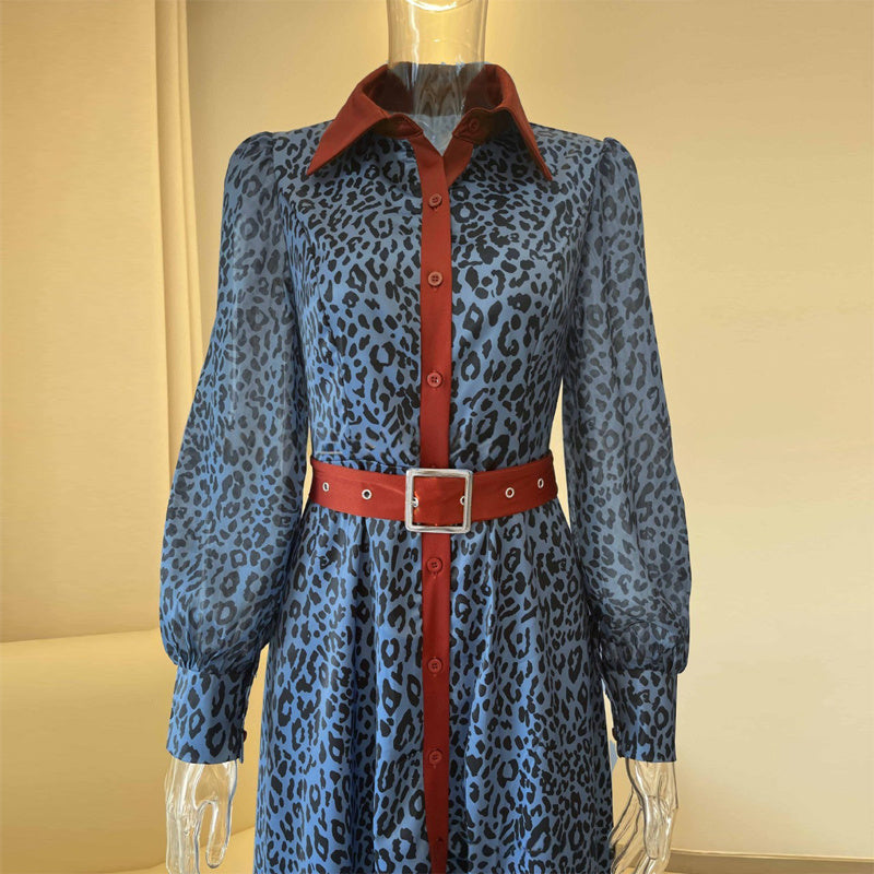 Women's Fashion Leopard Print Lapel Dress Long Sleeve Button-Down Maxi Dress For Spring Fall