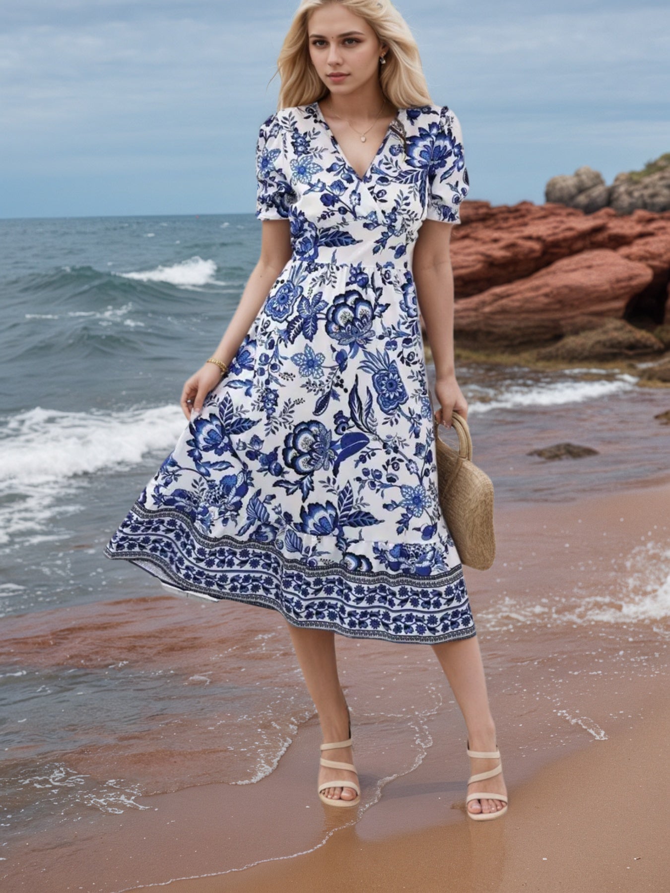 New Women’s Floral Print V-neck Dress, Floral Dress, Suitable For Vacation, Women’s Dress