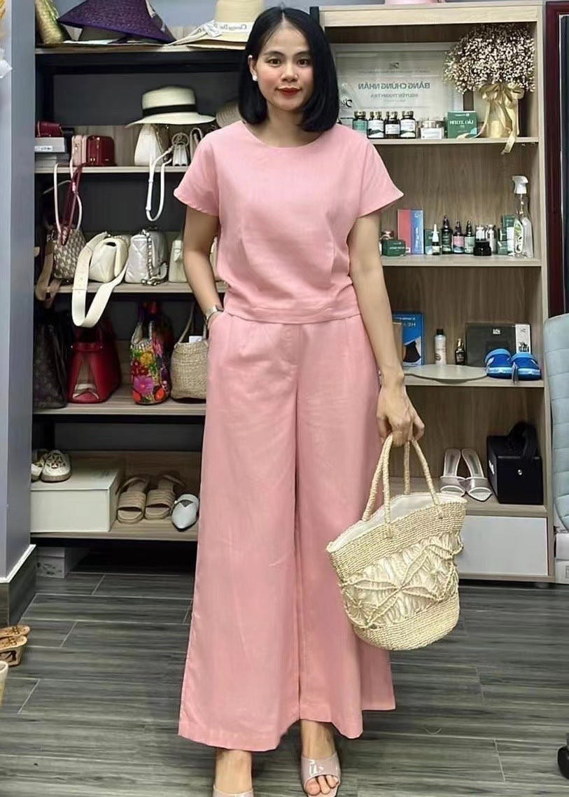 European And American Women's Linen Casual Loose Solid Color Suit Two-piece Women