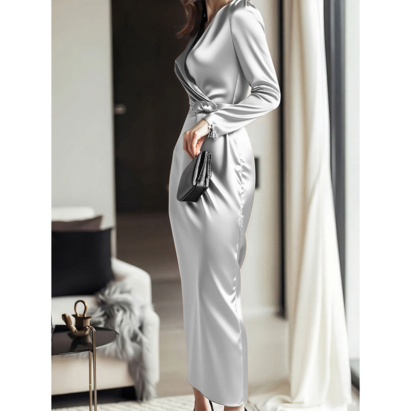 Women's Burgundy Satin Midi Dress Elegant V-Neck Long Sleeve Bodycon Dress With Belted Waist