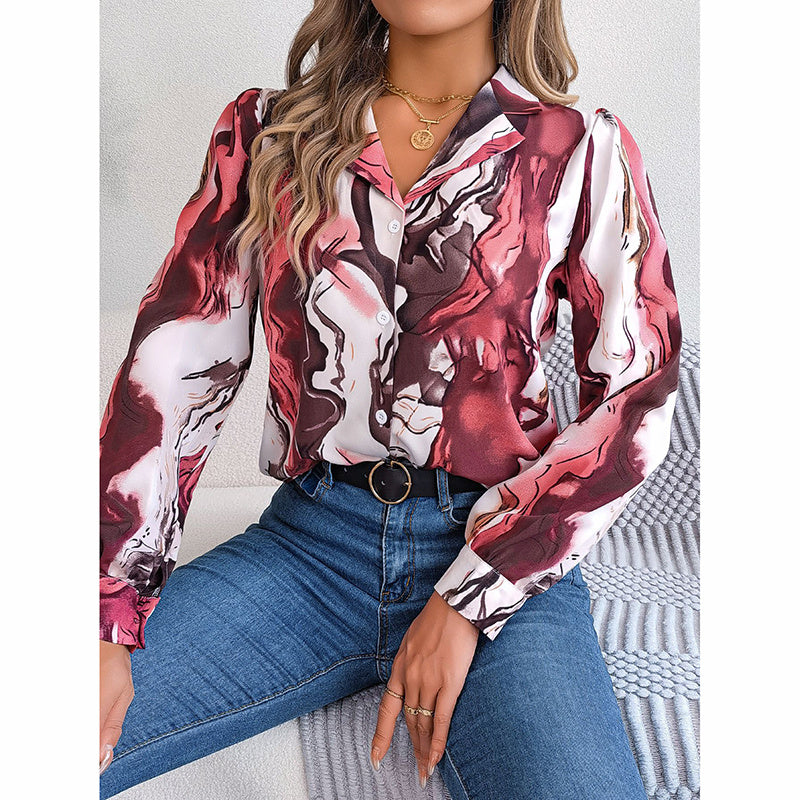 Women Fashion Button Down Shirts V Neck Printed Long Sleeve Blouses Dressy Casual Fall Tops