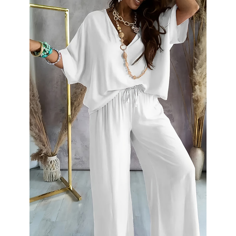 Women's 2 Piece Outfit, Casual Solid Color V-Neck Half Sleeve Top And Wide Leg Pants Lounge Set