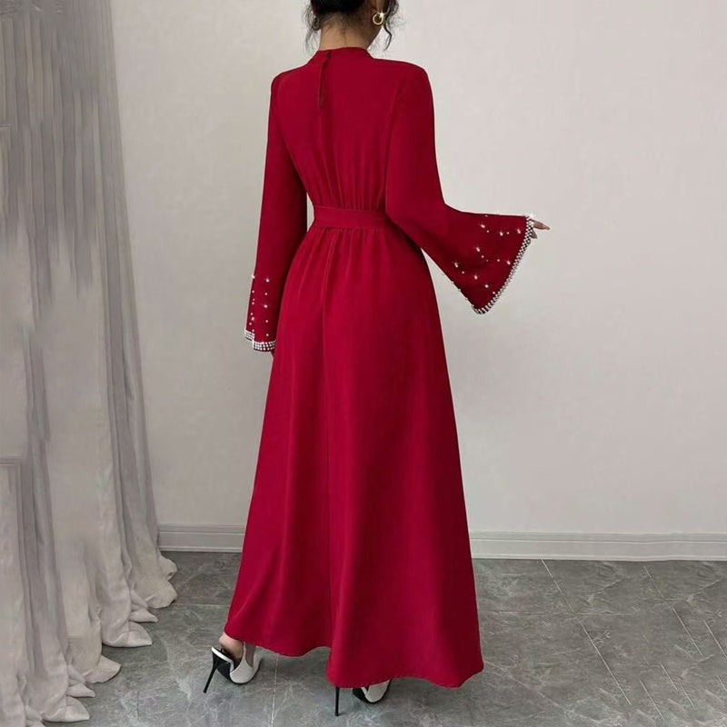 Women's Elegant Long Sleeve Maxi Dress - Sparkling Embellished High Neck Formal Gown With Waist Belt, Flowy Evening Dress For Vacation & Special Occasions