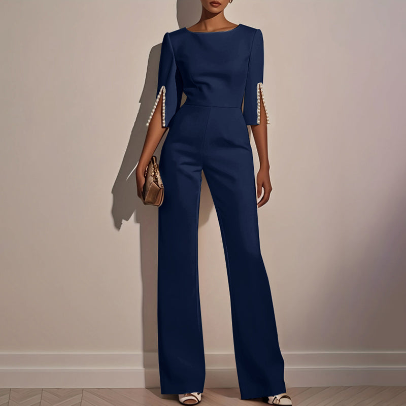 Women's Elegant Round Neck Jumpsuit - Mid-Sleeve With Side Slit Cuffs & Pearl Accents, Back Zipper Design For Casual To Formal Events