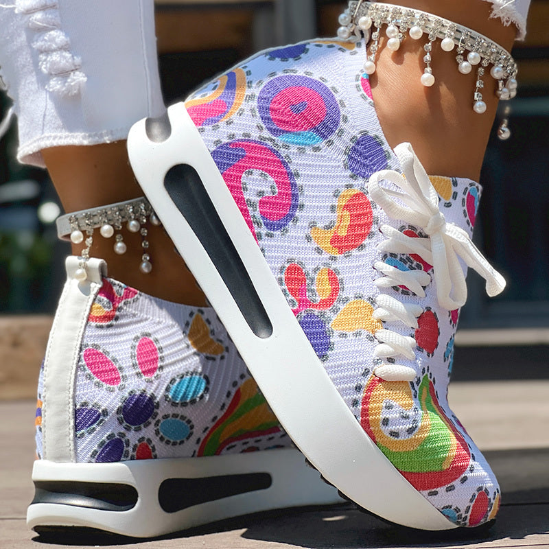 Women's Random Print Side Lace-Up Elastic Sport Shoes, Comfortable Slip-On Sneakers For Women, Casual Daily Wear Footwear