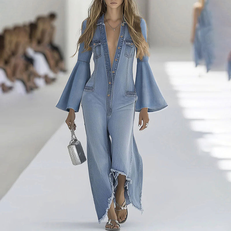 Women's Fashion Denim Solid Color Jumpsuit With Bell Sleeves & Deep V-Neck, Button Front Design & Asymmetric Hem For Casual & Party Wear