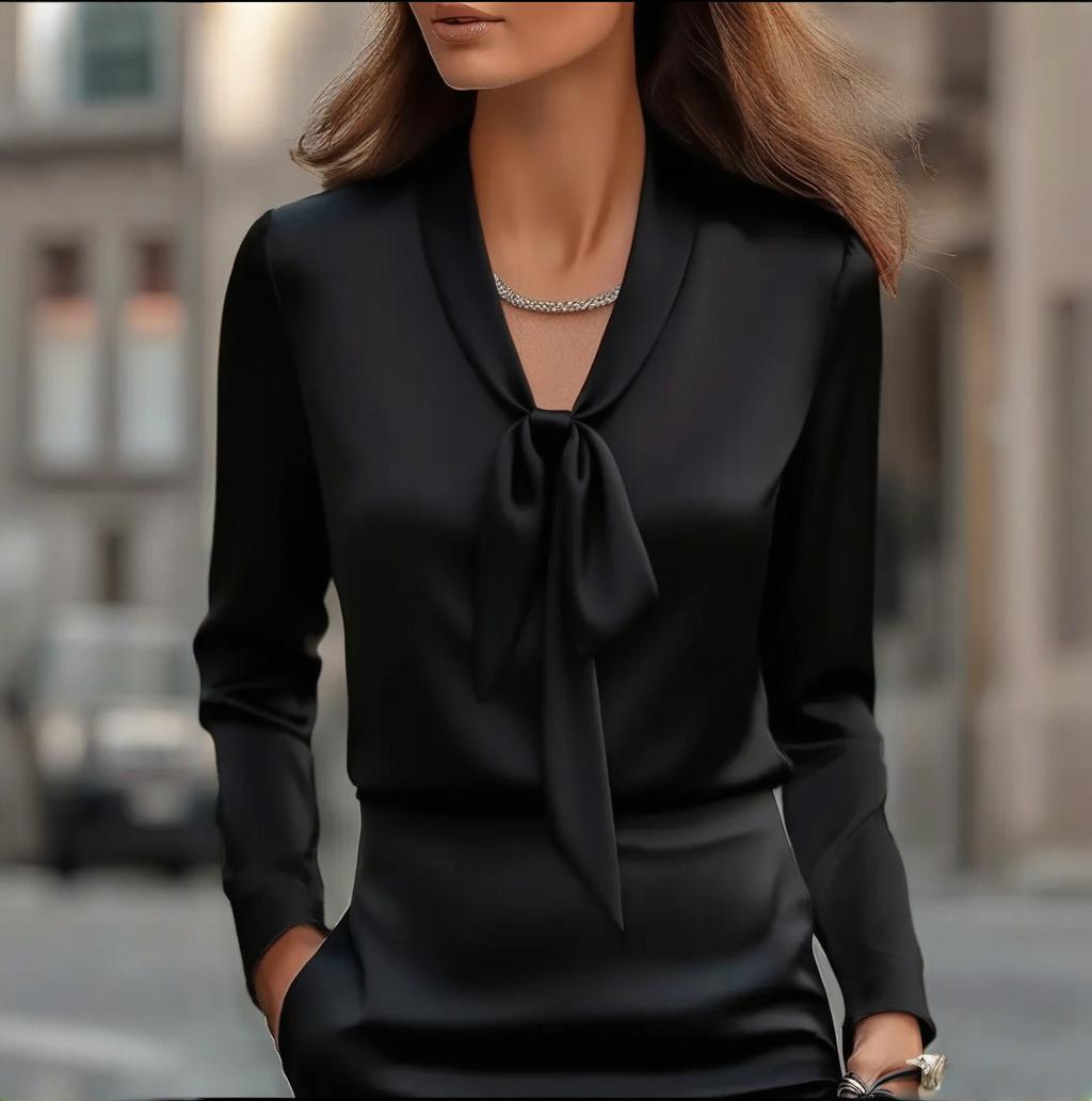 Women's Elegant Blouse With Ribbon Detail, Long Sleeve Dressy Top For Business Casual Office