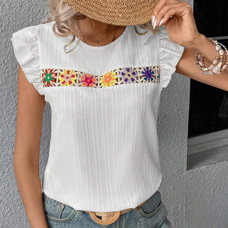 Women's Ruffle Short Sleeve Summer Tops Cute Crew Neck Floral Crochet Blouses Shirts