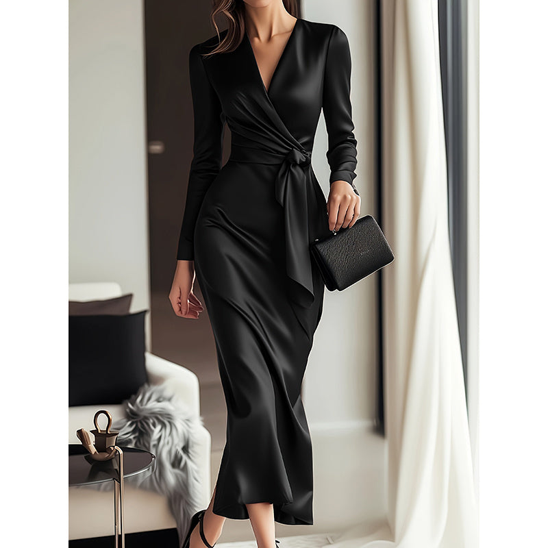 Women's Burgundy Satin Midi Dress Elegant V-Neck Long Sleeve Bodycon Dress With Belted Waist