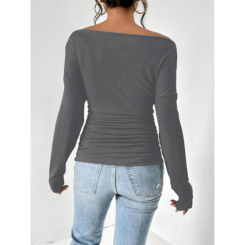 Women's Off The Shoulder Tops Long Sleeve T Shirts Going Out Tops Casual Trendy Ruched Slim Fitted Tees