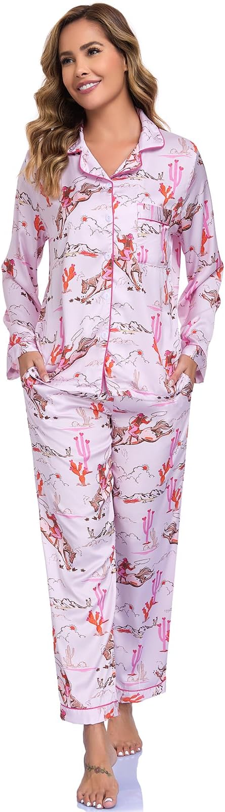 RONGTAI Womens Pajama Sets Button Down Long Sleeve Lapel Shirt With Pocket Matching Pj Pants Two Piece Loungewear Set