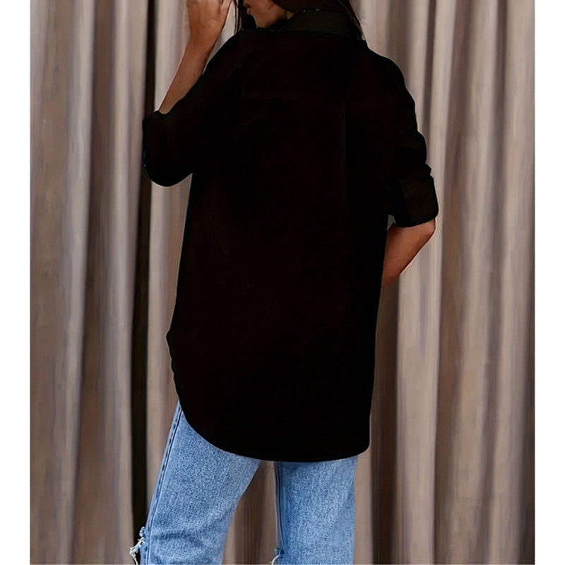 Women's Casual Long Sleeve Button-Down Shirt With Roll-Up Sleeves, Stylish Mid-Length Blouse For Everyday Wear