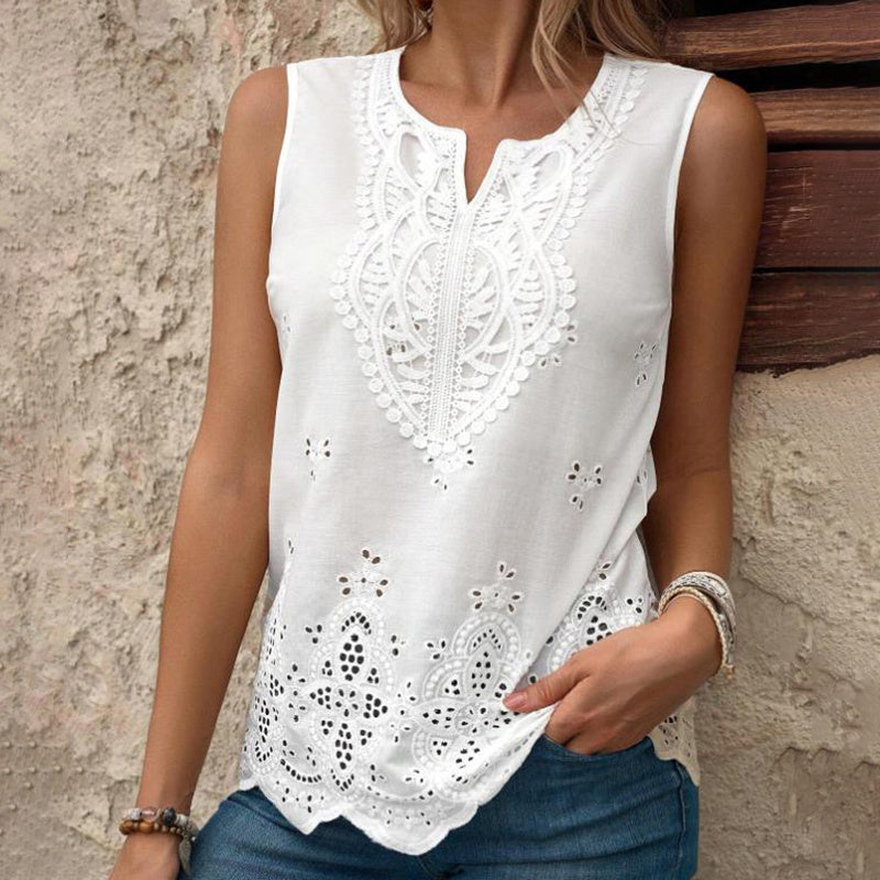 Women's Embroidered Eyelet Tops Notched Neck Sleeveless Lace Trim Blouses Shirts