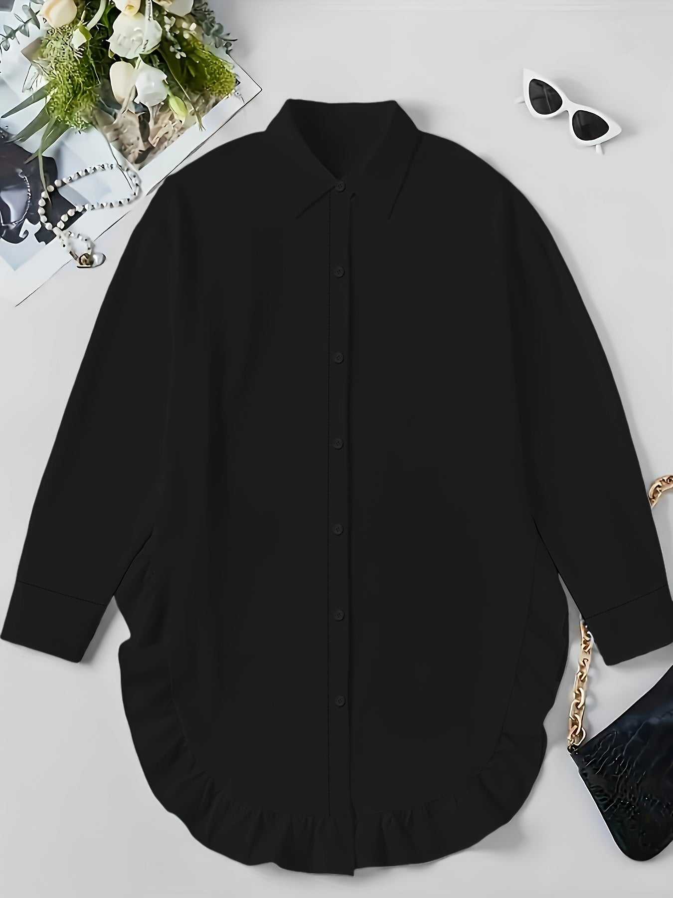 Women's Plus Size Casual Shirt With Ruffle Hem, Solid Color, Woven Polyester, Non-Stretch, Pointed Collar, Button Front, For All Seasons