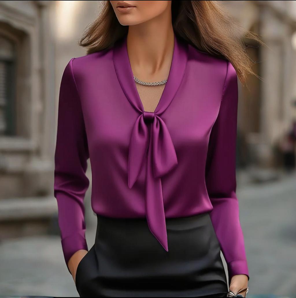 Women's Elegant Blouse With Ribbon Detail, Long Sleeve Dressy Top For Business Casual Office