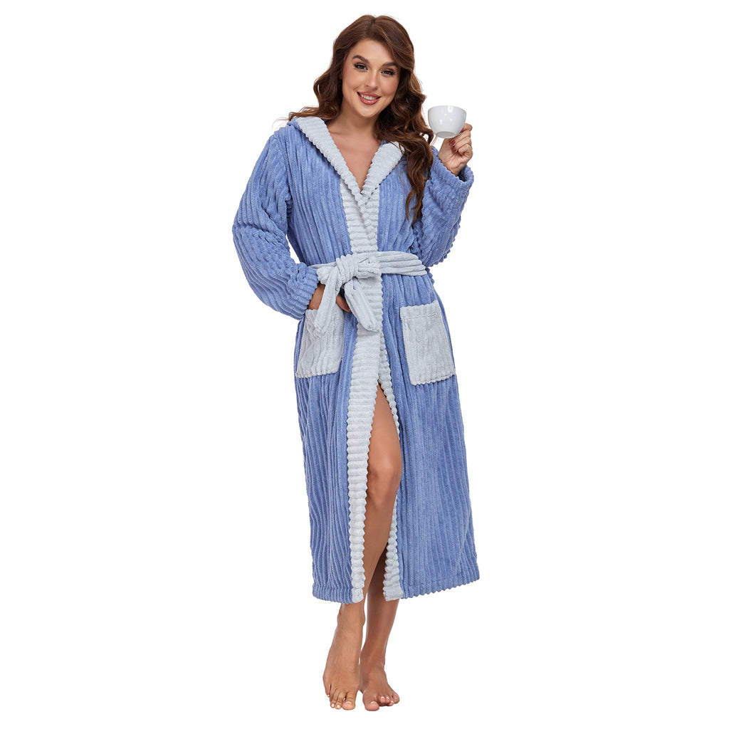 RONGTAI Luxury Plush Absorbency Robe For Women Extra Long Fleece Bathrobe With Hood & Pockets Warm Terry Cloth Loungewear