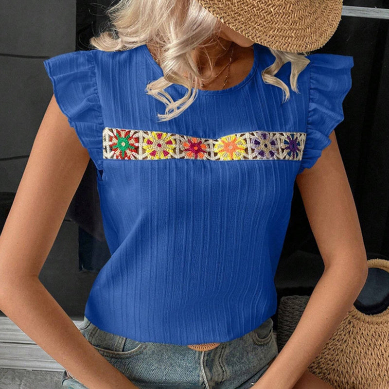 Women's Ruffle Short Sleeve Summer Tops Cute Crew Neck Floral Crochet Blouses Shirts